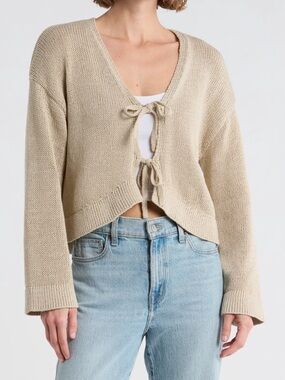 1. State Beige Tie-Front V-Neck Knit Sweater - Size Medium
